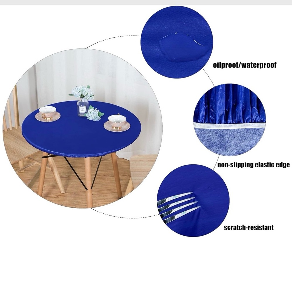 NWT Round Waterproof Elastic Vinyl Fitted Tablecloth Blue Up to 45"-56" Round